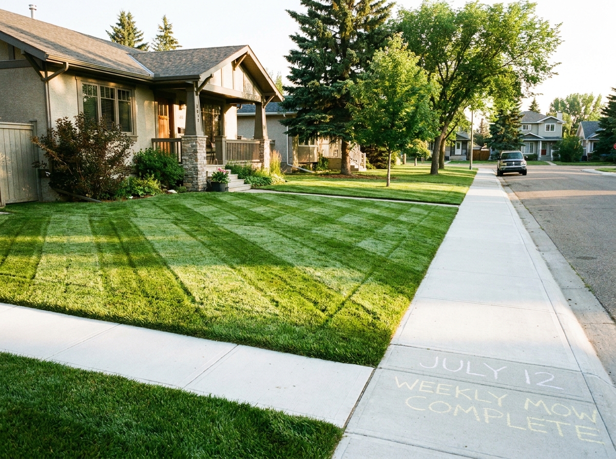An arborist pruning a mature ash tree in a Calgary front yard, clean cuts, well-maintained yard in summer